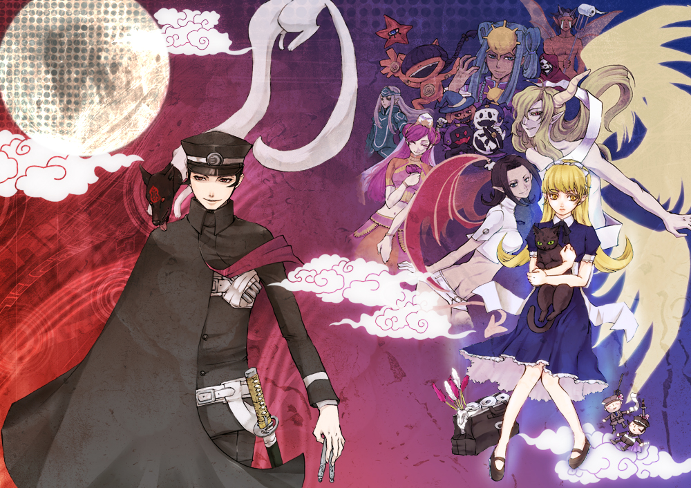 2boys 3girls alice_(megami_tensei) androgynous atlus belial belial_(megami_tensei) black_frost black_hair blonde_hair blue_hair cape cat_teaser catnip character_request cloud decarabia devil_summoner doll dress gouto green_eyes hair_ribbon hairband hat helel_(megami_tensei) horns inugami inugami_(megami_tensei) jack_frost_(megami_tensei) katana kuzunoha_raidou lilim_(megami_tensei) long_hair louis_cypher lucifer_(megami_tensei) mary_janes moon multiple_boys multiple_girls nebiros nebiros_(megami_tensei) obariyon pantyhose parvati parvati_(megami_tensei) purple_hair pyro_jack raiho red_eyes ribbon sawa30_(tan-g85mw) school_uniform shako_cap shin_megami_tensei shoes short_hair smile sword tam_lin tube weapon white_legwear wings yellow_eyes