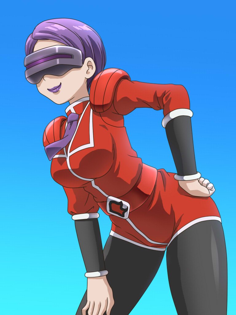1girl awa belt belt_buckle blue_background breasts buckle celosia_(pokemon) closed_mouth commentary_request hand_on_own_hip hand_on_own_thigh jacket leaning_forward lipstick makeup necktie nintendo pantyhose pokemon pokemon_xy purple_hair purple_lips purple_necktie short_hair smile solo team_flare