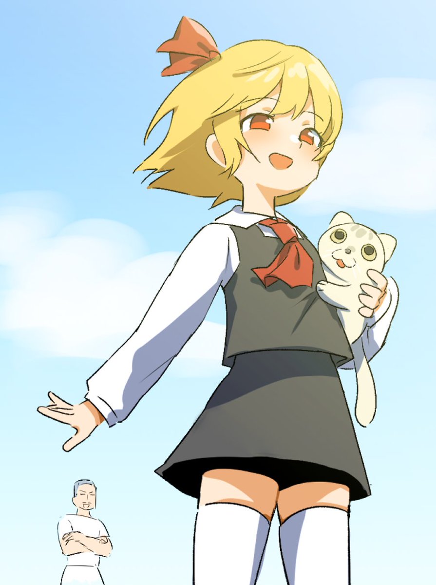 1boy 1girl animal ascot black_skirt black_vest blonde_hair blush bow cat collared_shirt cookie_(touhou) cowboy_shot grey_cat hair_bow highres holding holding_animal holding_cat long_sleeves manatsu_no_yo_no_inmu miura_cat miura_daisenpai nadeko_(cookie) open_mouth pura_(aiueo256375) red_ascot red_bow red_eyes rumia shirt short_hair skirt skirt_set smile solo_focus thighhighs touhou vest white_shirt white_thighhighs wind