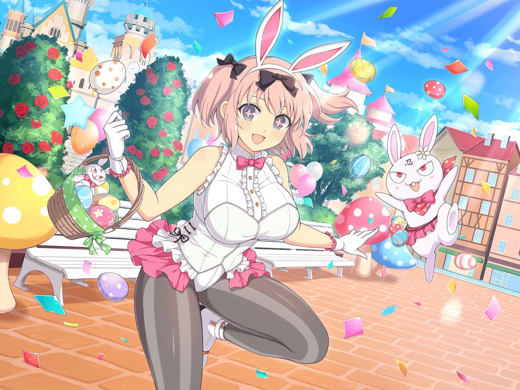 +_+ 1girl :d animal_ears animal_print balloon bare_shoulders basket battlement bench black_bow blue_eyes blush bow bowtie breasts brick_floor building castle center_frills character_doll chimney confetti cosplay easter easter_bunny easter_bunny_(cosplay) easter_egg egg european_architecture fake_animal_ears fake_tail flag flower flower-shaped_pupils frilled_leotard frills giant_mushroom groin hair_bow happy_easter hibari_(senran_kagura) holding holding_basket large_breasts leotard looking_at_viewer mushroom ninto_(senran_kagura) official_alternate_costume official_art open_mouth pantyhose park_bench pink_bow pink_bowtie pink_hair plant playboy_bunny polka_dot rabbit rabbit_ears rabbit_print red_eyes red_flower red_rose red_scarf rose rose_bush scarf senran_kagura senran_kagura_new_link senran_kagura_shoujo-tachi_no_shin&#039;ei shiny_skin short_hair short_twintails skirt smile solo spire standing standing_on_one_leg star_balloon striped_clothes striped_pantyhose symbol-shaped_pupils tail tongue tower tree twintails white_footwear white_leotard window yaegashi_nan