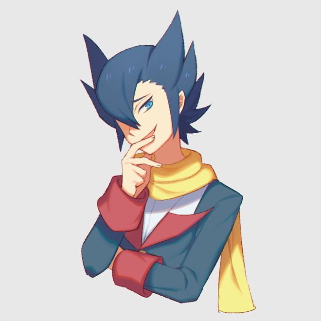 1boy :d aqua_eyes black_hair buttons commentary_request grimsley_(pokemon) hand_up head_tilt jacket long_sleeves male_focus nintendo open_mouth pointy_hair pokemon pokemon_bw scarf shirt smile solo upper_body white_shirt wusagi2 yellow_scarf