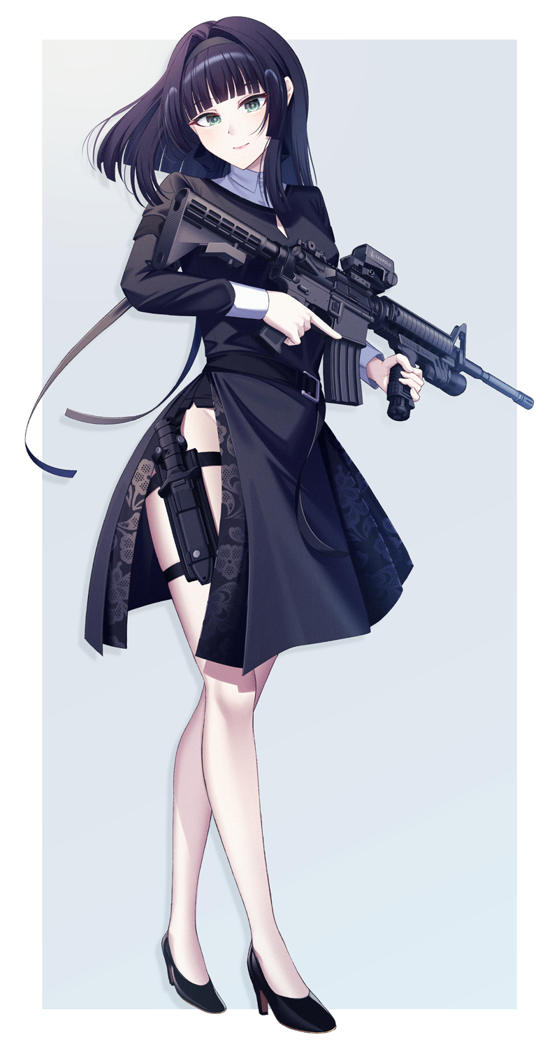 1girl angel_ina assault_rifle black_hair green_eyes gun hair_intakes high_heels highres holding holding_gun holding_weapon light_smile long_hair m4_carbine original rifle sheath sheathed side_slit simple_background solo thigh_sheath trigger_discipline vertical_foregrip weapon weapon_request
