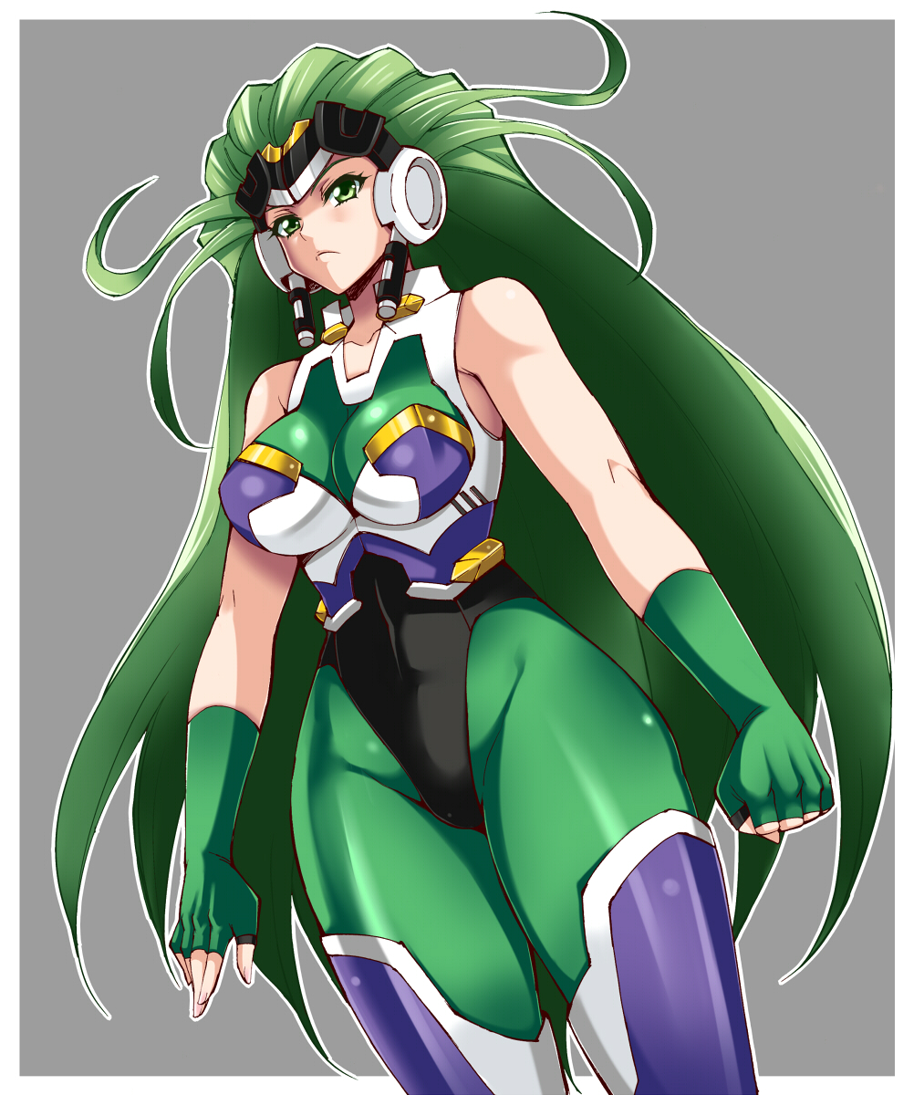 1girl android aschen_brodel banpresto breasts female_focus fingerless_gloves gabao_(mattari_2019) gloves green_eyes green_hair highres large_breasts long_hair matching_hair/eyes solo super_robot_wars super_robot_wars_og_saga_mugen_no_frontier
