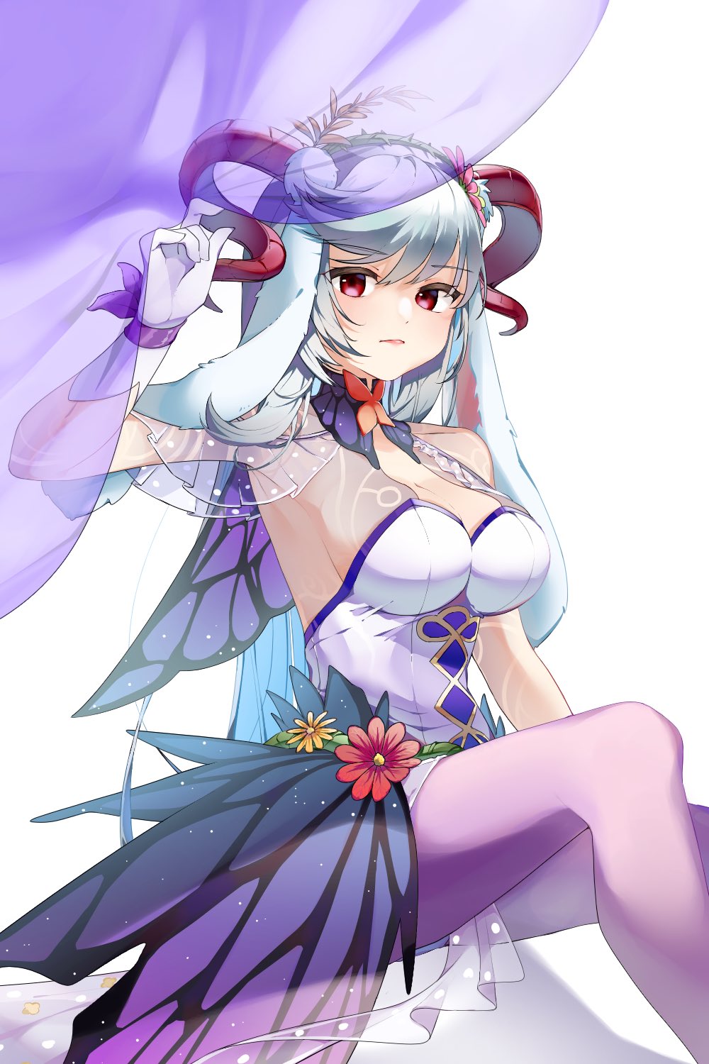 1girl breasts curled_horns curtains fire_emblem fire_emblem_heroes freyja_(fire_emblem) freyja_(spring)_(fire_emblem) goat_girl goat_horns highres horns large_breasts large_horns long_hair looking_at_viewer nintendo official_alternate_costume red_eyes red_horns tsukimidango