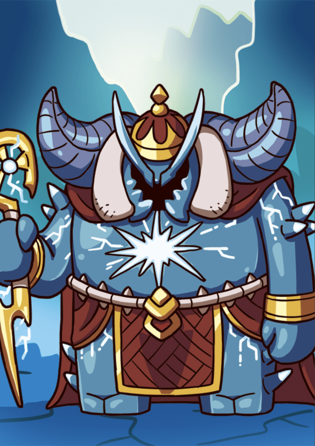 1boy april_fools blue_skin cape chibi colored_skin crown fate/grand_order fate_(series) highres holding holding_scepter ice ivan_the_terrible_(fate) male_focus official_art red_cape riyo_(lyomsnpmp) scepter solo spikes tusks