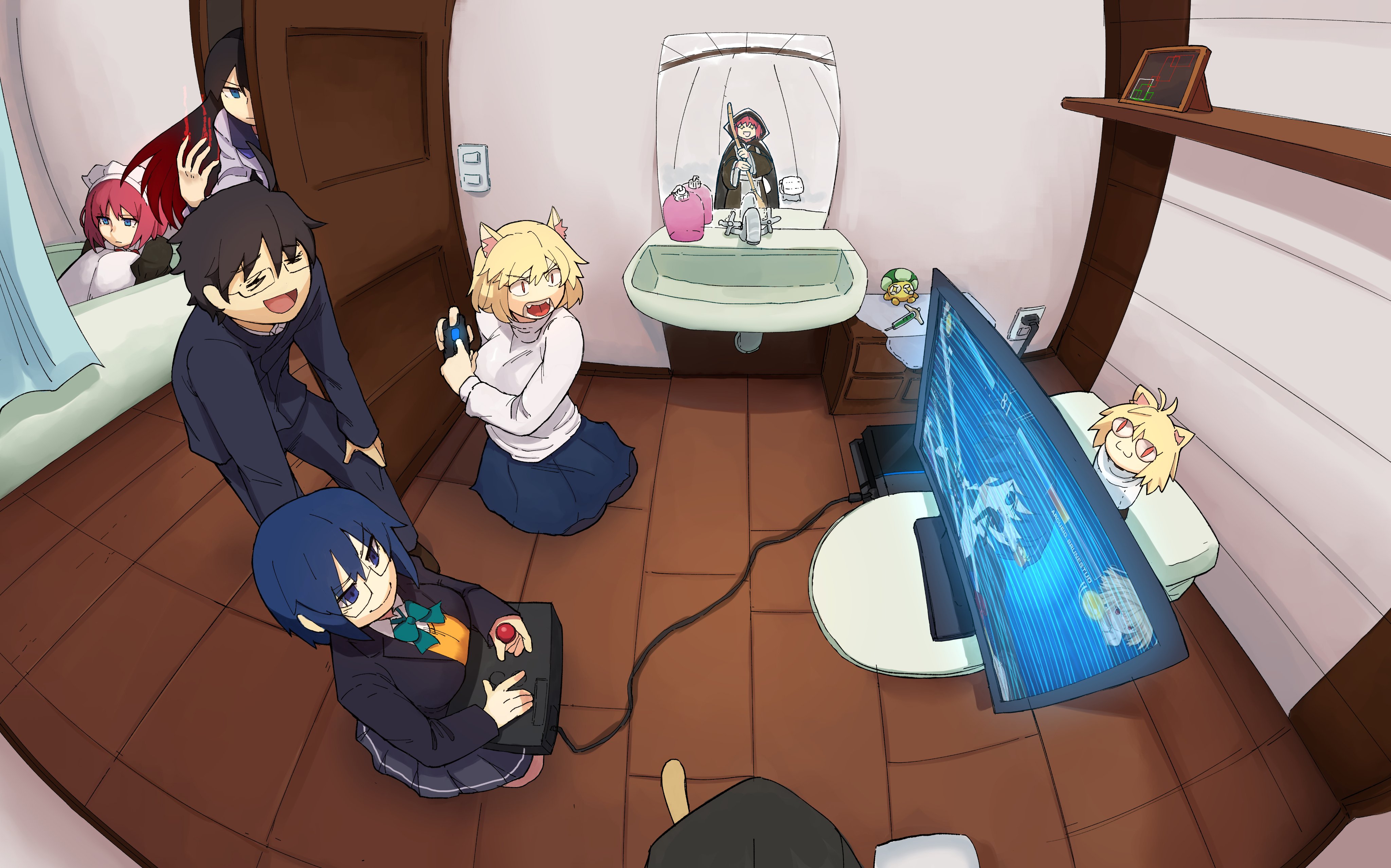 +_+ 1boy 5girls =_= absurdres alternate_costume animal_ear_fluff animal_ears arcade_stick arcueid_brunestud bathroom bathtub beffen_m black_hair blazer blonde_hair blue_eyes blue_hair blue_skirt breasts broom cat_ears ciel_(tsukihime) cloak commentary controller dualsense english_commentary fangs female_pov fisheye gakuran game_console game_controller gamepad glasses grey_skirt grin highres hisui_(tsukihime) hitbox holding holding_broom hood hooded_cloak hugging_own_legs jacket joystick kemonomimi_mode knee_boobs kohaku_(tsukihime) large_breasts long_hair maid maid_headdress medium_breasts melty_blood melty_blood:_type_lumina meme meta mirror monitor multicolored_hair multiple_girls nasu_kinoko neco-arc open_door pantyhose peeking pink_hair playing_games playstation_5 playstation_controller pov red_eyes red_hair sad school_uniform seiza short_hair sitting skirt slit_pupils smile sweater tile_floor tiles tohno_akiha tohno_shiki toilet toono_akiha tsukihime tsukihime_(remake) turtleneck turtleneck_sweater two-tone_hair vermillion_akiha white_sweater