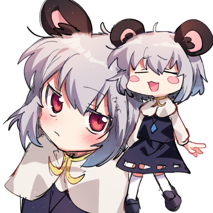 =_= animal_ears black_footwear blush capelet close-up closed_eyes cookie_(touhou) crystal dowsing_rod dress frown grey_background grey_dress grey_hair grey_skirt grey_vest jewelry layered_clothes long_sleeves looking_at_viewer looking_to_the_side mouse_ears mouse_girl nazrin nyon_(cookie) open_mouth pendant red_eyes red_scarf relaxing scarf shirt shoes short_hair simple_background sitting skirt skirt_set socks touhou vest white_background white_capelet white_shirt xox_xxxxxx