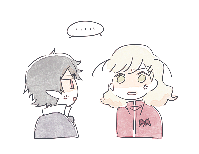 ... 1boy 1girl anger_vein animal_print annoyed arne_neuntote arne_no_jikenbo bat_print black_hair black_jacket blonde_hair chibi collared_shirt commentary_request cropped_torso eye_contact face-to-face green_eyes hair_ornament hairclip high_collar jacket looking_at_another lynn_reinweiss medium_hair open_mouth pointy_ears red_eyes red_jacket shaded_face shared_speech_bubble shirt short_hair shuntaro_(tya_nya0000) simple_background speech_bubble spoken_ellipsis track_jacket turtleneck turtleneck_jacket white_background white_shirt x_hair_ornament zipper