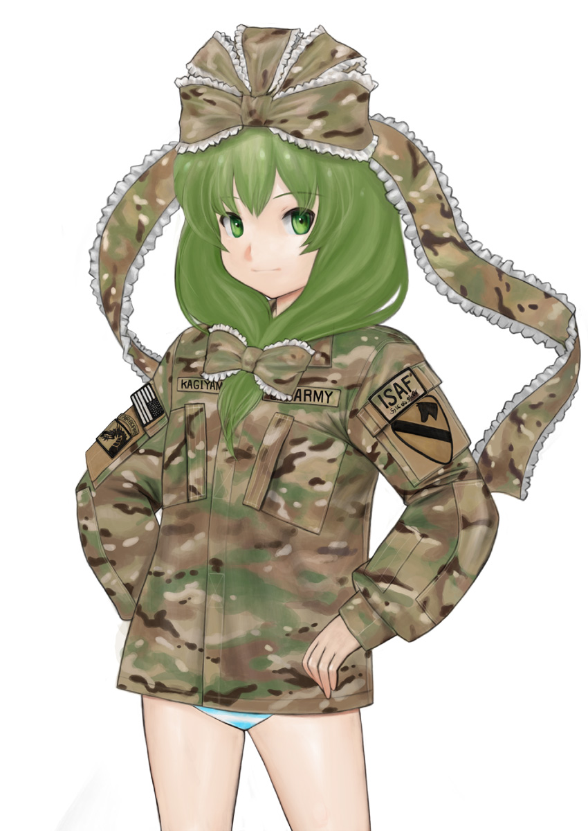 1girl afghanistan american_flag camouflage female_focus flag front_ponytail green_eyes green_hair hair_ribbon hands_on_own_hips highres kagiyama_hina komii matching_hair/eyes military military_uniform no_pants panties ribbon simple_background smile solo striped_clothes striped_panties touhou underwear white_background