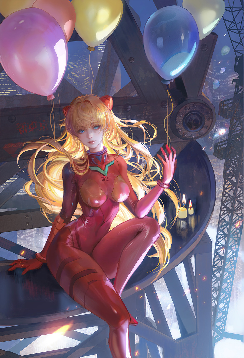 1girl ass balloon blue_eyes bodysuit breasts candle city_lights cityscape commentary crane_(machine) curvy english_commentary fan_yang_(jiuge) foot_out_of_frame highres interface_headset_(evangelion) long_hair looking_at_viewer mecha_pilot_suit medium_breasts multicolored_bodysuit neon_genesis_evangelion night orange_bodysuit orange_hair plugsuit_(evangelion) red_bodysuit sitting smile solo souryuu_asuka_langley
