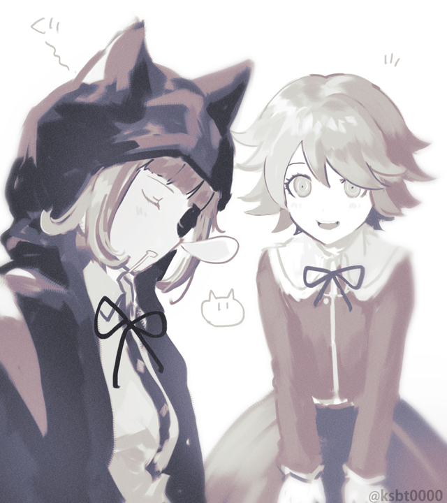 1boy 1girl :d animal_ears animal_hood bag breasts brown_hair cat_hood closed_eyes collared_shirt danganronpa:_trigger_happy_havoc danganronpa_(series) danganronpa_2:_goodbye_despair dress_shirt drooling fake_animal_ears flipped_hair fujisaki_chihiro hajime_(gitoriokawaii) hood hood_up hooded_jacket jacket long_sleeves looking_at_another nanami_chiaki neck_ribbon nose_bubble open_clothes open_jacket open_mouth ribbon shirt short_hair simple_background skirt sleeping smile trap
