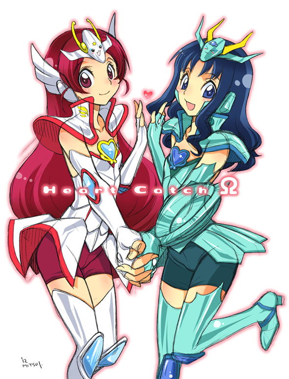 2girls armor bike_shorts blue_eyes blue_hair collarbone cosplay dragon_ryuuhou dragon_ryuuhou_(cosplay) hanasaki_tsubomi holding_hands heart heartcatch_precure! kurumi_erika long_hair mitsui_tomosumi multiple_girls pegasus_koga pegasus_koga_(cosplay) pink_eyes pink_hair precure saint_seiya saint_seiya_omega shield smile thighhighs zettai_ryouiki