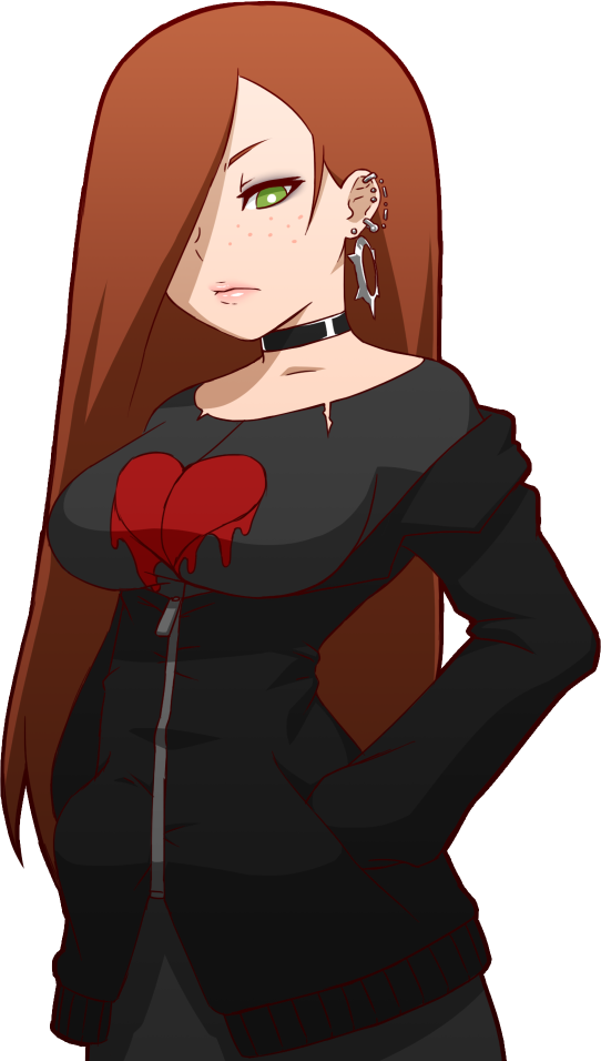 1girl alternate_costume bad_id bad_tumblr_id breasts brown_hair choker ear_piercing earrings female_focus freckles gravity_falls green_eyes hair_over_one_eye hands_in_pockets heart jewelry large_breasts long_hair makeup mike_inel piercing pink_lips reverse_falls_(gravity_falls) solo torn_clothes transparent_background wading wendy_corduroy