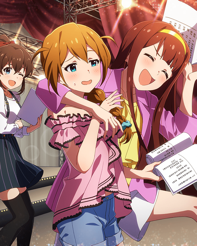 3girls arm_around_shoulder baba_konomi black_thighhighs blue_eyes book braid brown_hair buttons card_(medium) closed_eyes hairband holding idolmaster idolmaster_million_live! idolmaster_million_live!_theater_days multiple_girls official_art one_eye_closed open_book ponytail red_hair satake_minako short_shorts shorts skirt stage_lights tanaka_kotoha thighhighs