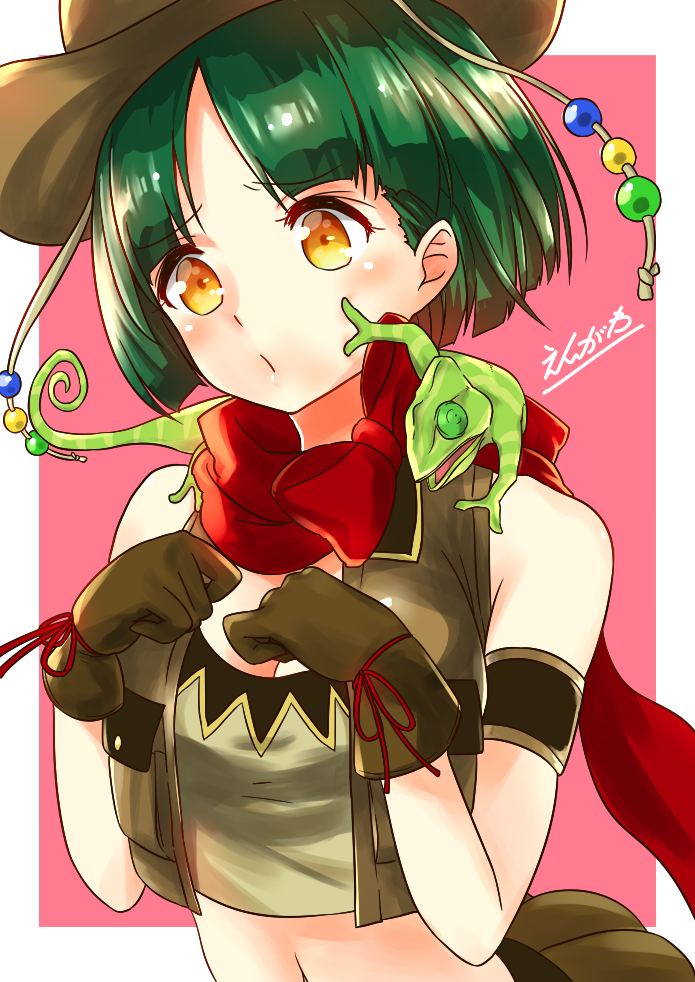 1girl animal animal_on_shoulder armband bandana blush bob_cut chameleon clenched_hands cowboy_hat crop_top engawa_(rarenago) female_focus gloves green_hair gyoro hands_on_own_chest hat love_live! love_live!_school_idol_festival midriff navel open_mouth pink_background shitara_fumi short_hair signature simple_background skirt solo vest yellow_eyes