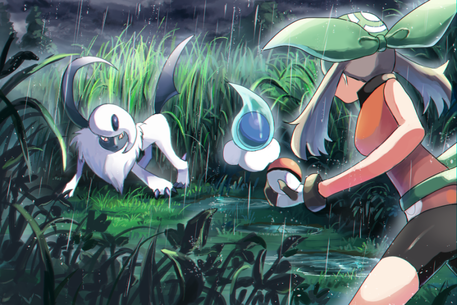 1girl absol bandana bare_arms battle bike_shorts brown_hair castform castform_(rainy) commentary_request foliage gen_3_pokemon gloves grass green_bandana holding holding_poke_ball legs_apart may_(pokemon) may_(pokemon_emerald) nintendo poke_ball poke_ball_(basic) pokemon pokemon_(creature) pokemon_emerald pokemon_rse puddle rain rowdon standing tall_grass tree twintails water