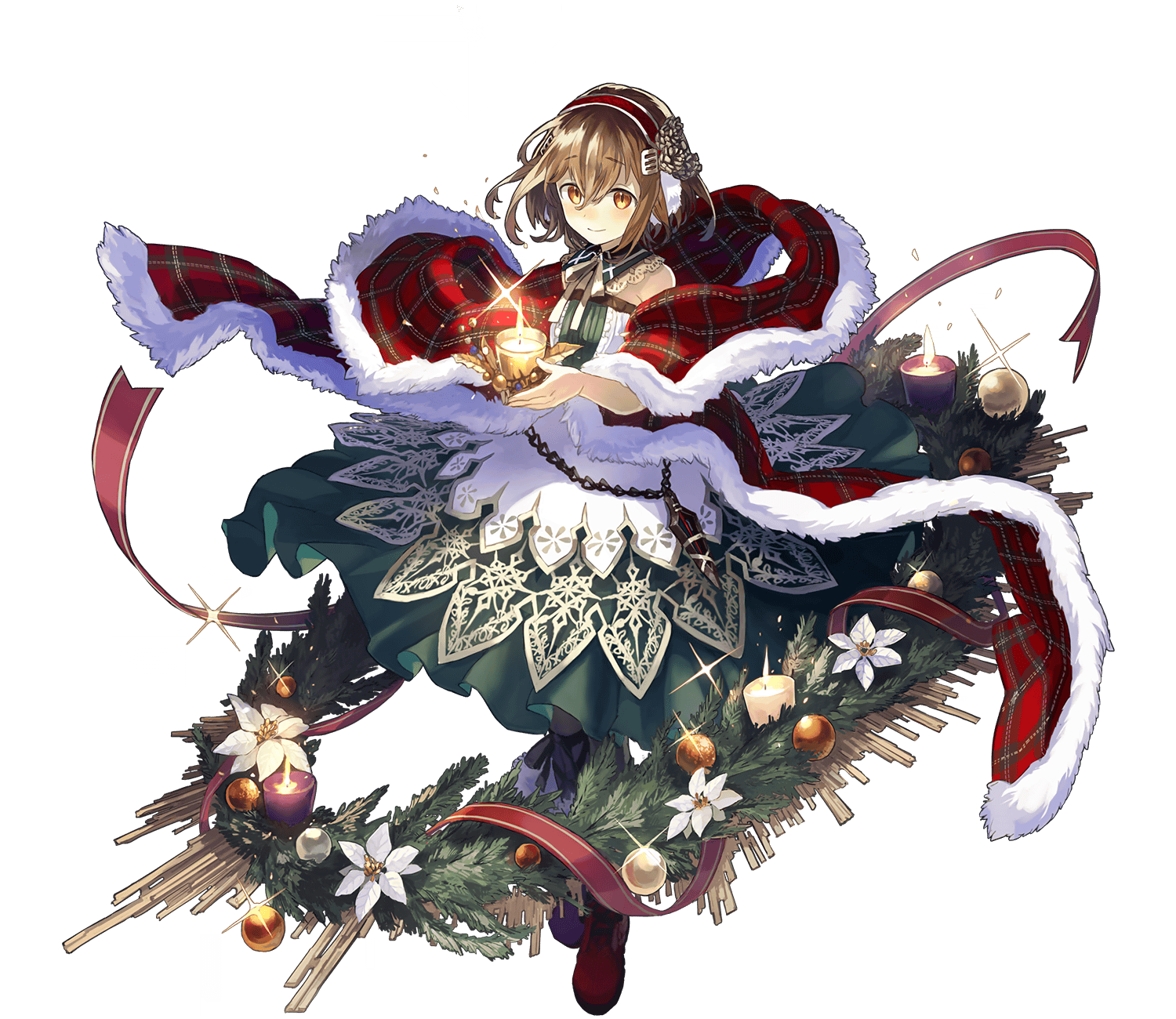 1girl candle chain christmas crossed_bangs dress full_body green_dress green_skirt hair_between_eyes hair_ornament hairband highres light_brown_hair longinus_(phantom_of_the_kill) looking_at_viewer official_alternate_costume official_art phantom_of_the_kill red_hairband red_ribbon ribbon skirt solo two-tone_dress watarubou white_dress yellow_eyes