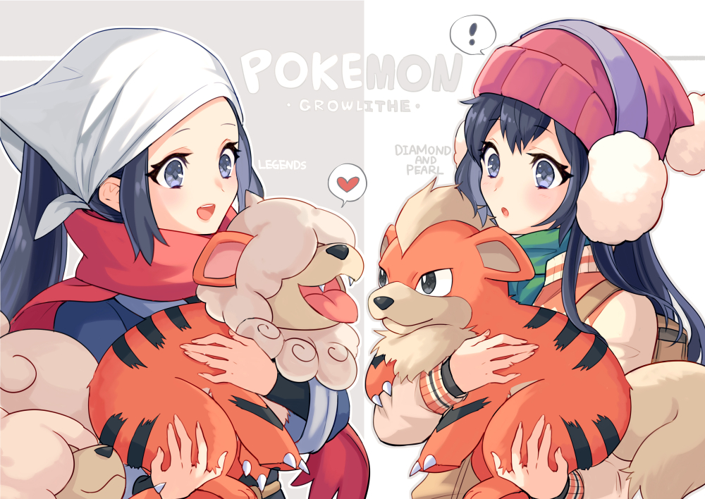 2girls akari_(pokemon) beanie black_hair chen_(1717) claws copyright_name dawn_(pokemon) earmuffs fangs game_freak gen_1_pokemon growlithe hair_over_eyes hat headscarf heart hisuian_growlithe holding holding_pokemon jacket multiple_girls nintendo pokemon pokemon_(creature) pokemon_bdsp pokemon_legends:_arceus red_scarf scarf spoken_heart time_paradox upper_body white_headscarf