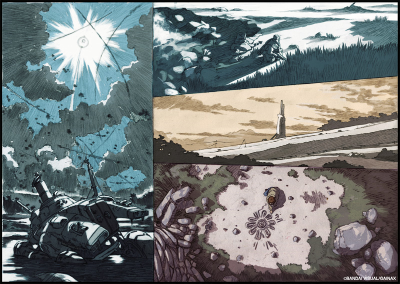brown_hair cloud damaged gainaxtop grass honneamise_no_tsubasa sky tagme vehicle water