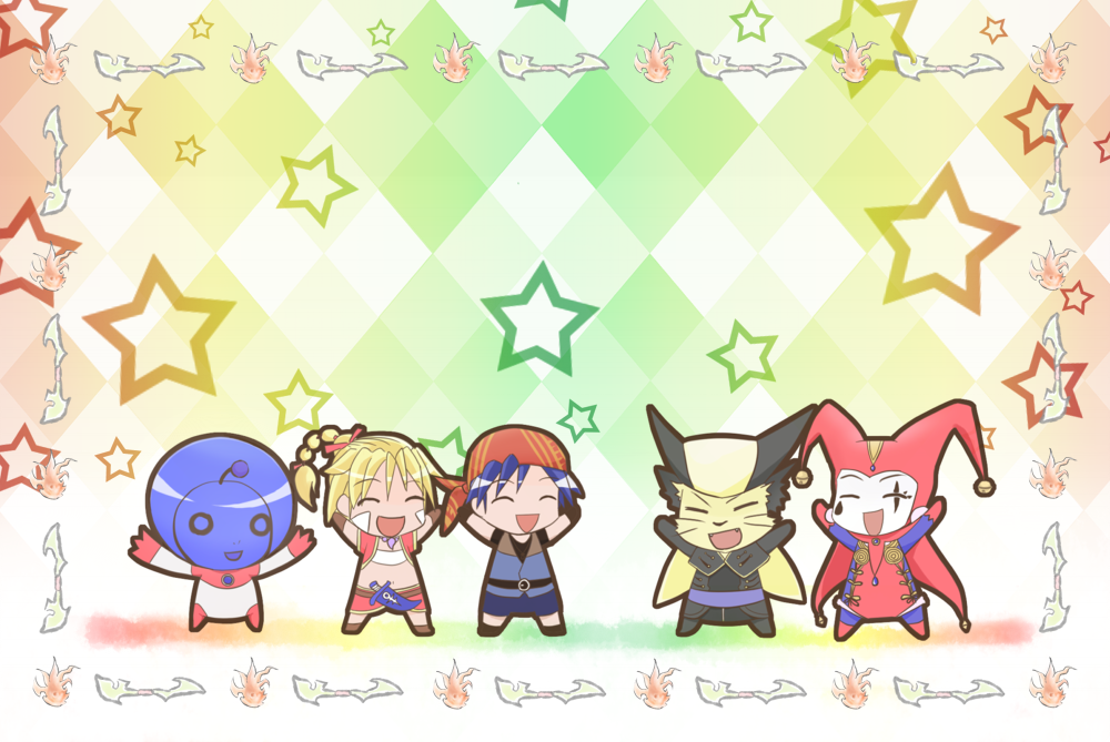 1boy 2girls arms_up belt cape chibi chrono_(series) chrono_cross closed_eyes happy harle_(chrono_cross) hoshi_no_ko kid_(chrono_cross) knife lynx multiple_girls open_mouth parody saki_(manga) serge_(chrono_cross) spacesuit tetu-tuku