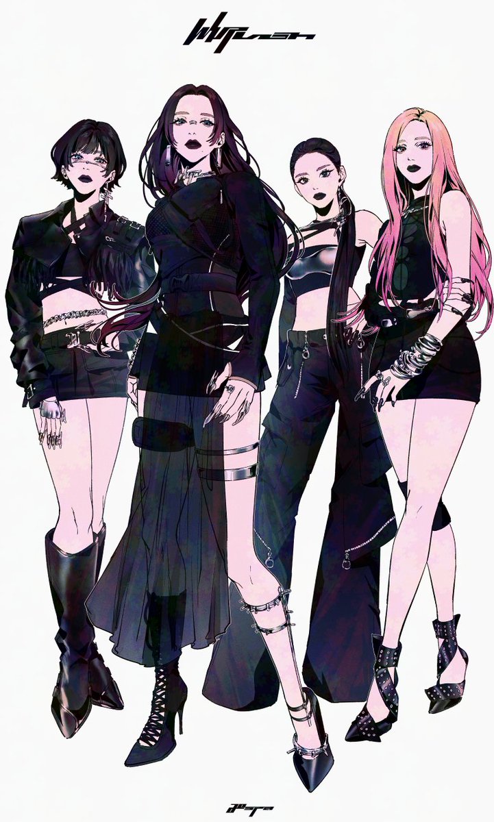 4girls aespa belly_chain black_corset black_hair black_jacket black_lips black_pants black_skirt bob_cut boots closed_mouth corset cropped_jacket earrings fingernails full_body giselle_(aespa) group_name hand_on_own_hip hashtag-only_commentary high_heels highres jacket jewelry k-pop karina_(aespa) long_fingernails long_hair long_sleeves looking_at_viewer multiple_girls ningning_(aespa) pants pelvic_curtain pink_hair real_life ring side_ponytail single_boot skirt song_name thigh_strap winter_(aespa) woga_(ogkntk)
