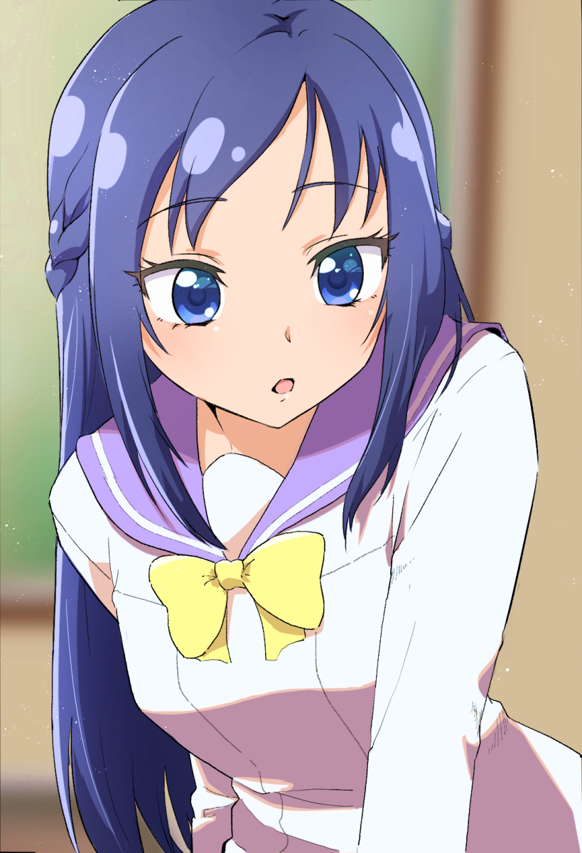 1girl ankou_kyoudai blue_eyes blue_hair blush bow bowtie braid dokidoki!_precure dress half_up_braid highres hishikawa_rikka long_hair long_sleeves oogai_daiichi_middle_school_uniform open_mouth precure purple_sailor_collar sailor_collar sailor_dress school_uniform solo white_dress yellow_bow yellow_bowtie