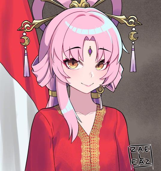 1boy commentary forehead_jewel fu_xuan_(honkai:_star_rail) hair_ornament hair_rings hair_stick honkai:_star_rail honkai_(series) indonesian_flag jaheterbang looking_at_viewer pink_hair pun red_shirt shirt smile solo_focus upper_body yellow_eyes