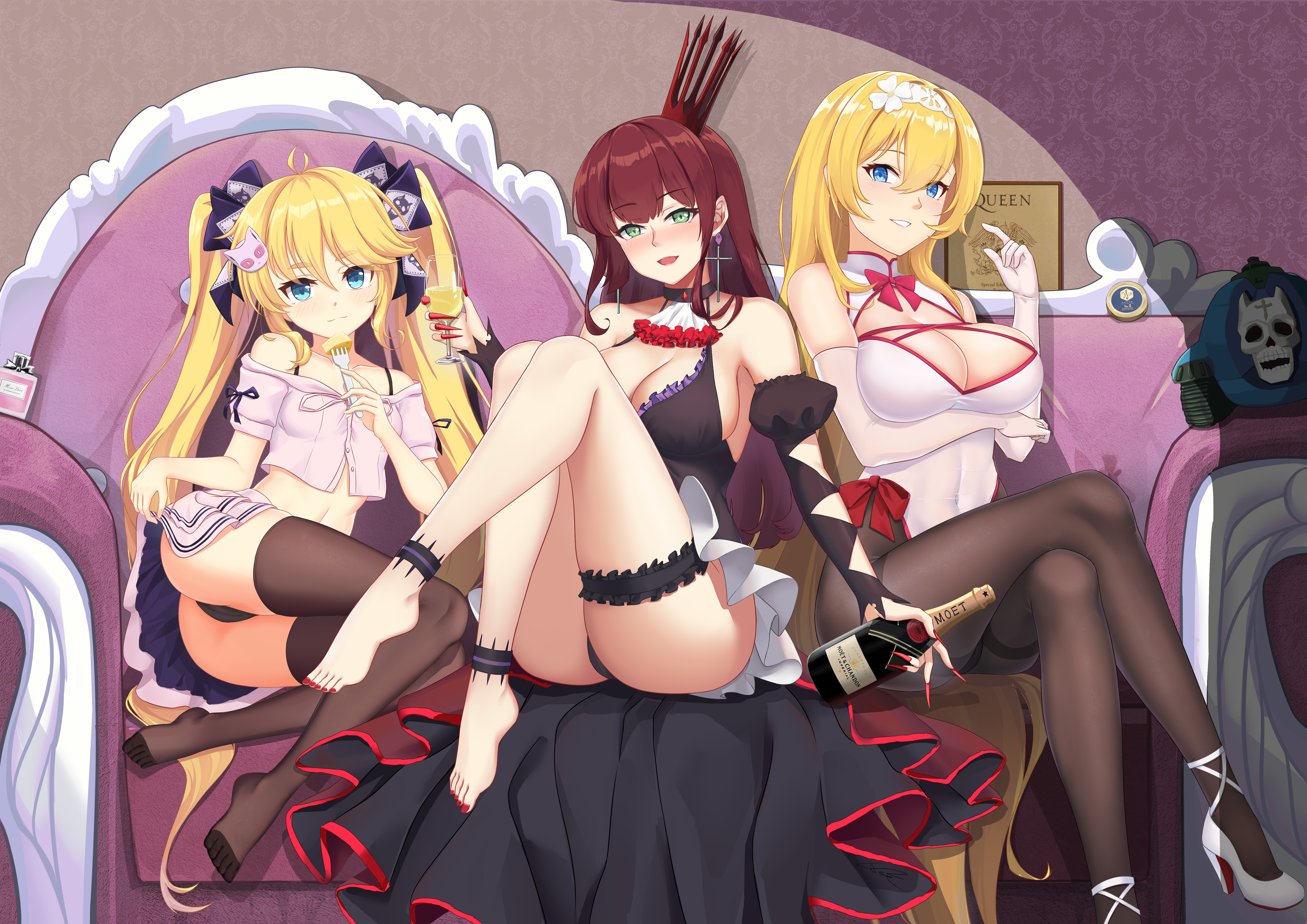 3girls absurdly_long_hair absurdres adapted_costume ahoge alcohol alternate_costume andrea_doria_(warship_girls_r) ankle_strap ascot ass black_dress blonde_hair blue_eyes bottle bow breast_hold breasts brown_legwear caviar champagne champagne_bottle champagne_flute character_hair_ornament china_dress chinese_clothes choker cleavage cleavage_cutout clothes_lift clothing_cutout couch crop_top crossed_arms crown cup detached_sleeves dress drinking_glass duke_of_york_(warship_girls_r) elbow_gloves fingernails fork formidable_(warship_girls_r) frilled_dress frilled_garter frills full_body gloves green_eyes hair_bow hair_ornament high_heels highres holding holding_bottle holding_fork jojo_no_kimyou_na_bouken killer_queen knees_up large_breasts legs long_hair looking_at_viewer multiple_girls nail_polish navel no_shoes off-shoulder_shirt off_shoulder panties pantyhose pantyshot perfume_bottle poster_(object) product_placement queen_(band) red_eyes red_nails sharp_fingernails shirt sidelocks sitting skindentation skirt skirt_lift spaghetti_strap strappy_heels taskforce141-doria thighhighs thighs twintails underwear very_long_hair wallpaper_(object) warship_girls_r white_footwear