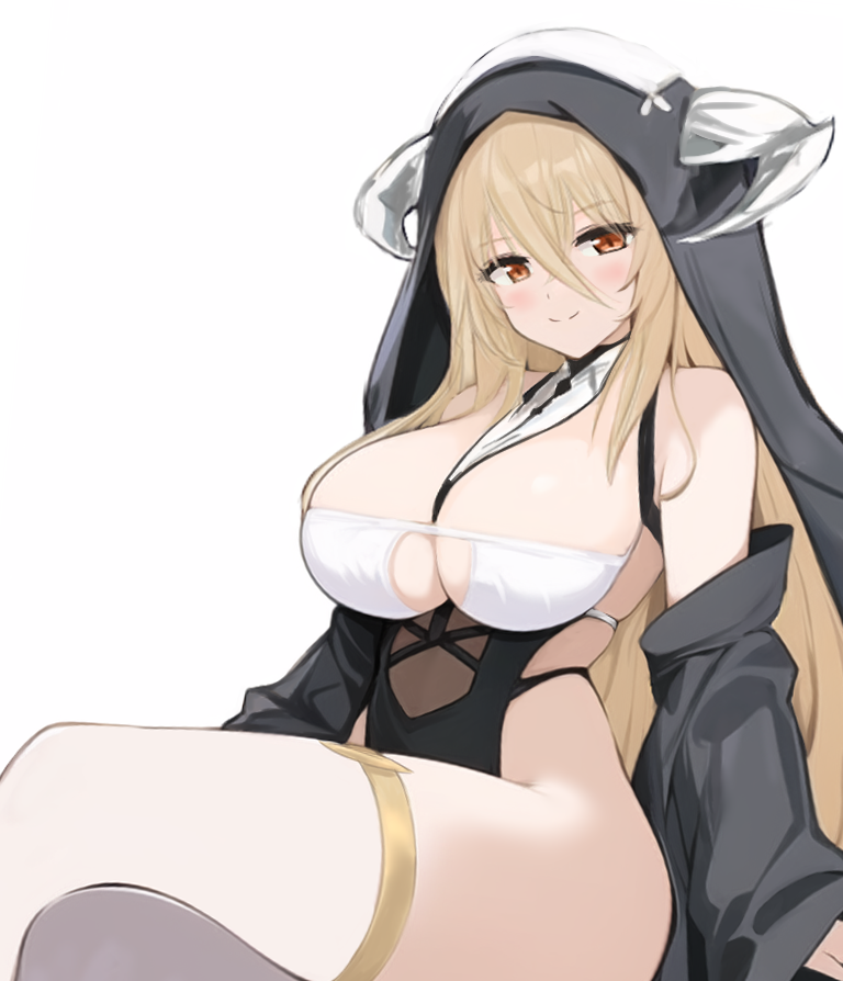 1girl azur_lane bare_shoulders blonde_hair breast_cutout breasts cleavage crossed_legs fake_horns hair_between_eyes horns implacable_(azur_lane) large_breasts long_hair long_hair_between_eyes looking_at_viewer nun pelvic_curtain red_eyes revealing_clothes sa_(nax49) simple_background sitting solo thighhighs veil very_long_hair white_background white_horns white_thighhighs