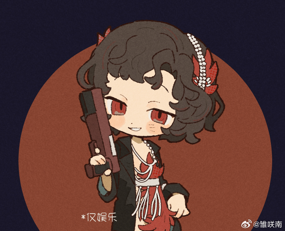 1girl black_background black_coat black_hair chibi chinese_text circle coat curly_hair dress feather_dress feather_hair_ornament feathers finger_on_trigger grin gun hair_ornament hairband hand_up handgun holding holding_gun holding_weapon jewelry looking_at_viewer minamip necklace red_background red_dress red_eyes red_feathers reverse:1999 schneider_(reverse:1999) short_hair smile solo upper_body watermark weapon weibo_watermark white_hairband