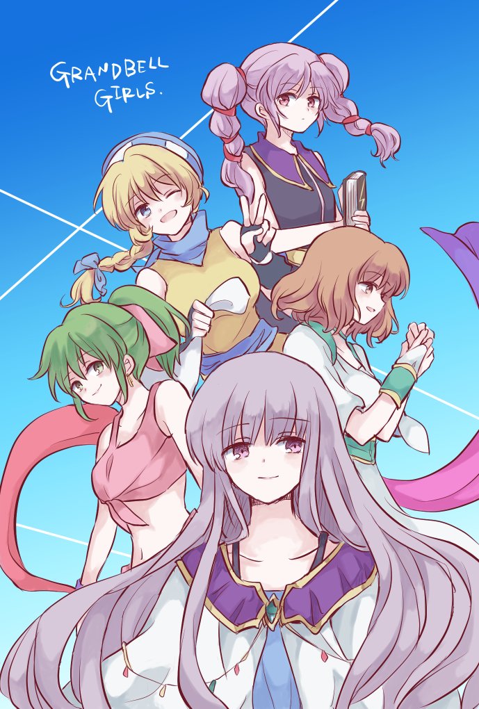 5girls blonde_hair blue_eyes book fingerless_gloves fire_emblem fire_emblem:_genealogy_of_the_holy_war gloves green_hair holding holding_book julia_(fire_emblem) kitano_373 lana_(fire_emblem) lene_(fire_emblem) looking_at_viewer multiple_girls nintendo one_eye_closed patty_(fire_emblem) ponytail purple_hair smile tine_(fire_emblem) twintails v white_hair yellow_eyes