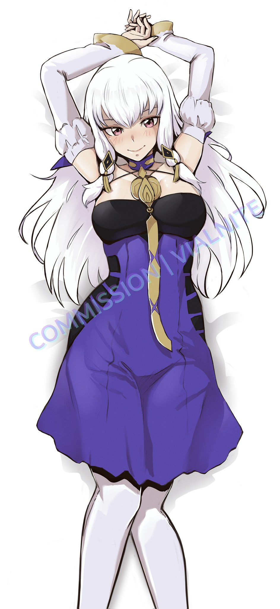 1girl arms_up bare_shoulders blush breasts choker commission detached_sleeves dress feet_out_of_frame fire_emblem fire_emblem:_three_houses halterneck highres juliet_sleeves long_hair long_sleeves looking_at_viewer lysithea_von_ordelia lysithea_von_ordelia_(timeskip) medium_breasts nintendo pantyhose puffy_sleeves purple_choker purple_dress purple_eyes smile solo very_long_hair vialnite white_hair white_pantyhose
