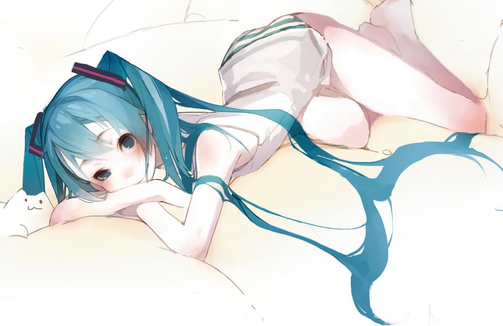 1girl aqua_eyes aqua_hair female_focus hatsune_miku long_hair looking_at_viewer lying md5_mismatch mmlu_(honwa_karesu) on_stomach panties resized sketch smile solo striped_clothes striped_panties twintails underwear very_long_hair vocaloid