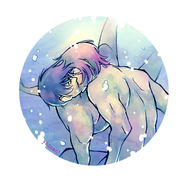 2boys artist_name bare_arms bare_back brown_hair bubble circle_cutout closed_eyes commentary english_commentary feet_out_of_frame free! grey_male_swimwear kiss male_focus male_swimwear matsuoka_rin multiple_boys nanase_haruka_(free!) orange_hair outstretched_arms outstretched_legs short_hair shoulder_blades swim_trunks topless_male transparent_background underwater yaoi yutaan