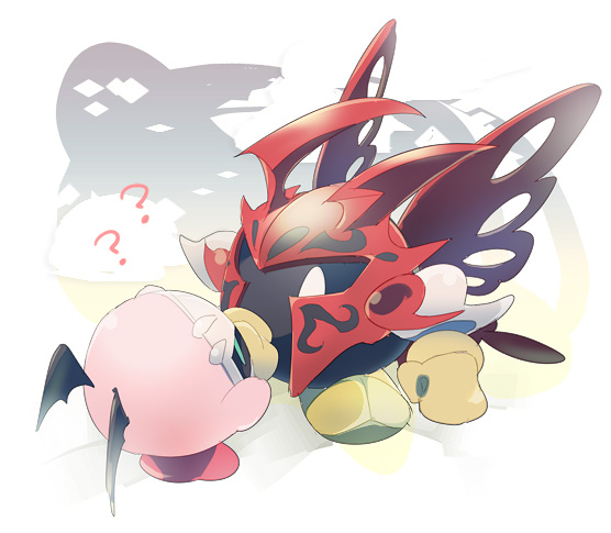? ?? bat_wings black_wings blue_eyes butterfly_wings colored_skin copy_ability cosplay face-to-face fake_horns gloves helm helmet horned_helmet horns insect_wings kirby kirby_(series) komoreg meta_knight meta_knight_(cosplay) mini_wings morpho_knight nintendo no_humans pink_skin red_footwear red_helmet red_wings sabaton shoes solid_oval_eyes white_background white_eyes white_mask wings yellow_gloves yellow_shoes