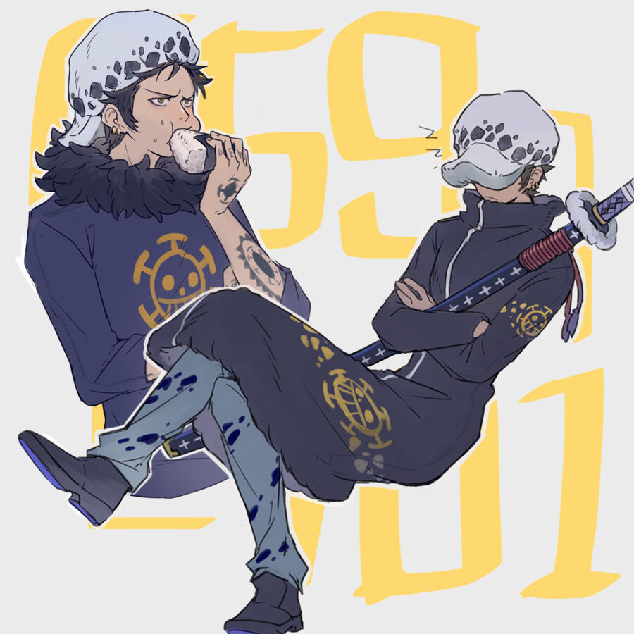 arm_tattoo backwards_hat black_coat black_hair coat crossed_arms crossed_legs earrings eating food food_on_face fur_collar fur_hat hat holding holding_food jewelry long_sleeves male_focus multiple_views one_piece onigiri sheath sheathed simple_background sleeping sword tattoo trafalgar_law weapon winter_clothes winter_coat yurichi_(artist) zzz