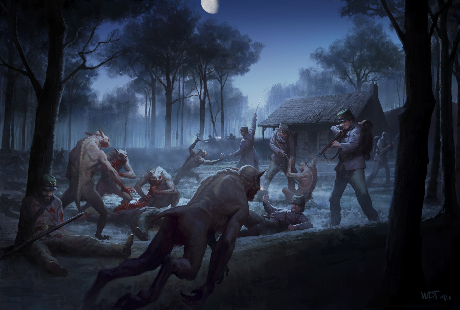 6+boys american_civil_war backpack bag building cthulhu_mythos cthulhu_wars darren_tan death eating fighting forest gun holding holding_sword holding_weapon hut lying monster multiple_boys musket nature night on_back soldier sword tree weapon