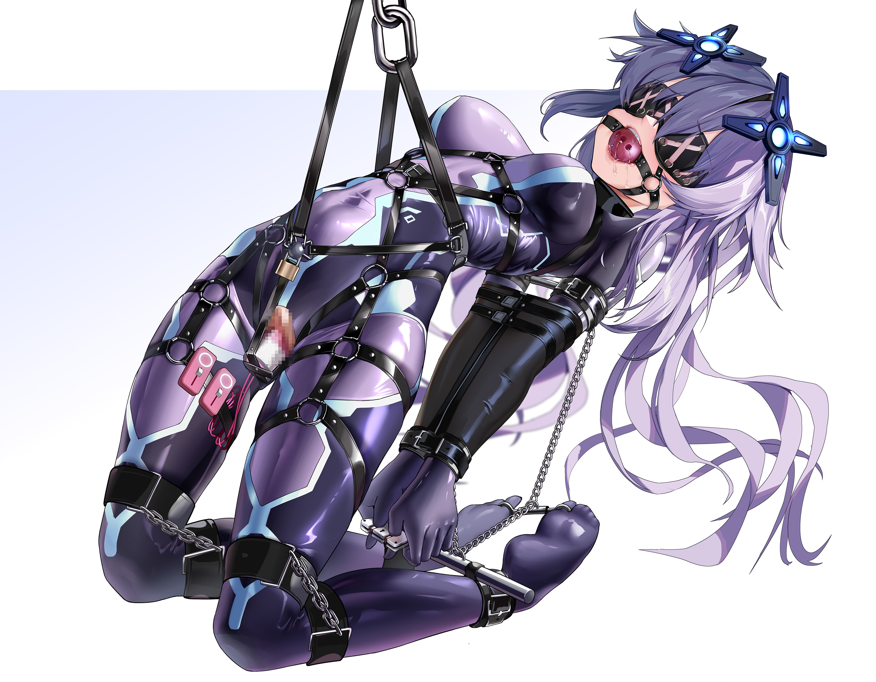 1girl ankle_cuffs ball_gag bdsm black_blindfold blindfold blue_eyes bondage bound bound_arms bound_wrists breasts cameltoe censored chain choujigen_game_neptune commission cuffs dildo dildo_harness egg_vibrator female_focus gag gag_harness gagged handcuffs hanging highres latex lock long_hair looking_at_viewer maho_shi_ma medium_breasts mosaic_censoring neptune_(neptunia) neptune_(series) object_insertion open_mouth padlock purple_hair purple_heart_(neptunia) restrained saliva second-party_source sex_toy shibari shibari_over_clothes simple_background skindentation solo suspension vaginal vaginal_object_insertion very_long_hair vibrator white_background wiffle_gag