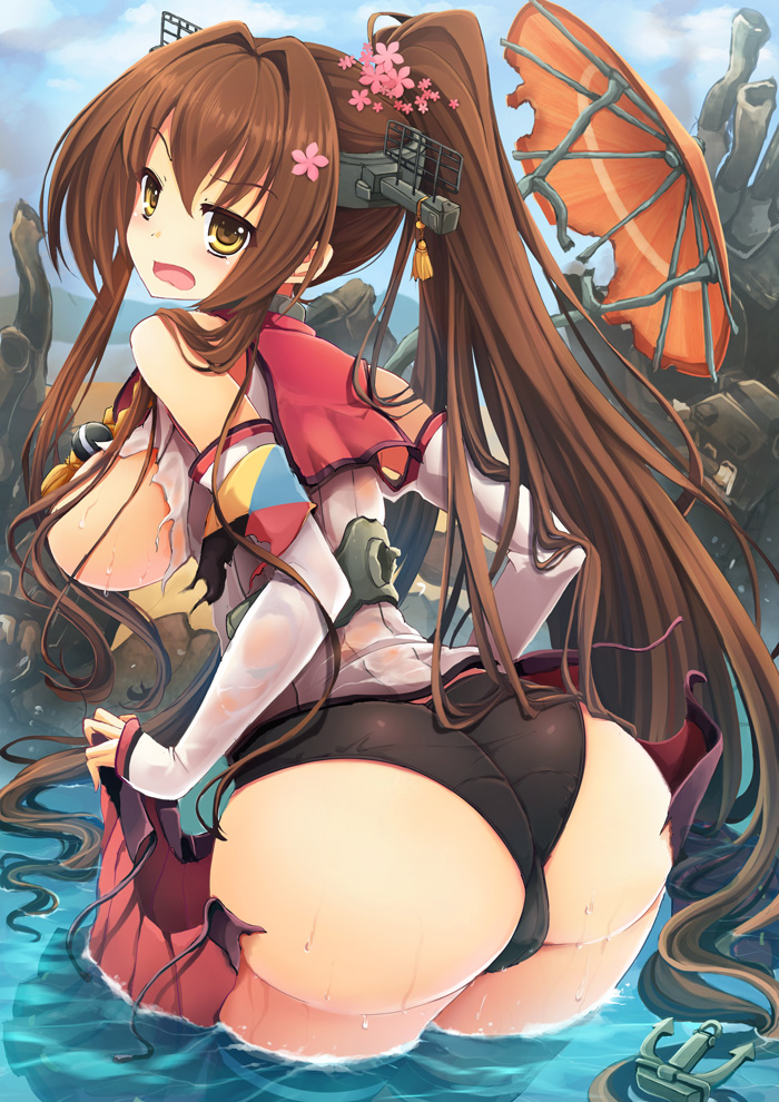 10s 1girl ass black_panties breasts brown_hair female_focus flower from_behind goushou hair_flower hair_ornament huge_ass kantai_collection large_breasts long_hair looking_at_viewer looking_back oil-paper_umbrella open_mouth panties partially_submerged ponytail sideboob solo torn_clothes umbrella underwear very_long_hair wading water wet wet_clothes yamato_(kancolle) yellow_eyes