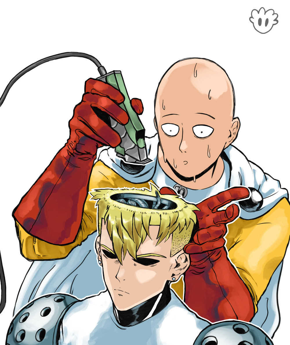 2boys :o bags_under_eyes bald blonde_hair bodysuit cable cape circuit closed_mouth constricted_pupils cutting_hair cyborg devovas earrings electric_razor genos gloves hairdressing jewelry jumpsuit multiple_boys nervous nervous_sweating one-punch_man open_skull razor red_gloves saitama_(one-punch_man) serious shaded_face shaving short_hair superhero_costume sweat white_cape wide-eyed yellow_bodysuit yellow_jumpsuit you&#039;re_doing_it_wrong
