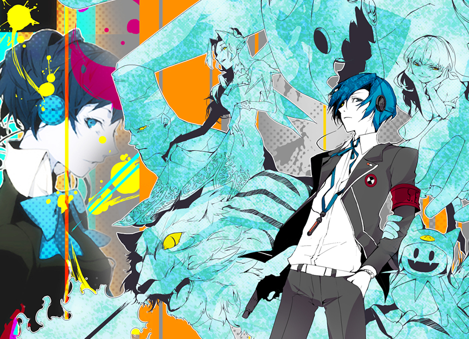 2boys 35 3girls alice_(megami_tensei) armband atlus blue_eyes blue_hair bow byakko_(megami_tensei) digital_media_player evoker hair_over_one_eye hand_in_pocket headphones jack_frost_(megami_tensei) multiple_boys multiple_girls persona persona_3 persona_3_portable school_uniform shiomi_kotone short_hair surt_(megami_tensei) thanatos_(persona) titania_(megami_tensei) yellow_eyes yuuki_makoto_(persona_3)