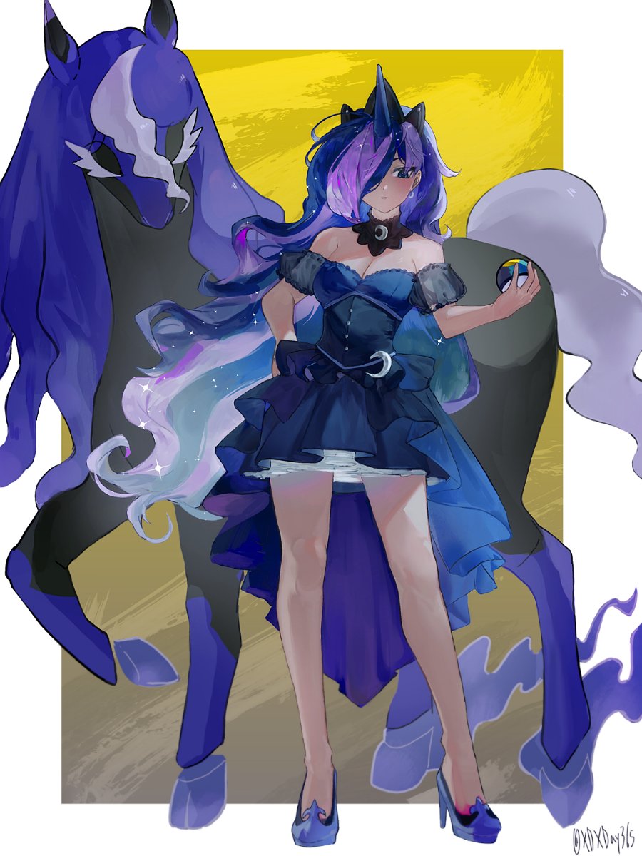1girl blue_dress blue_hair breasts cleavage crossover dark-skinned_female dark_skin dress highres holding holding_poke_ball horns horse kotobukiya_bishoujo long_hair looking_at_viewer moon_ball multicolored_hair my_little_pony my_little_pony:_friendship_is_magic nintendo personification poke_ball pokemon pokemon_(creature) princess princess_luna princess_luna_(bishoujo) purple_hair single_horn solo species_connection spectrier standing streaked_hair tiara trait_connection two-tone_hair very_long_hair vice_principal_luna wavy_hair xdxday365