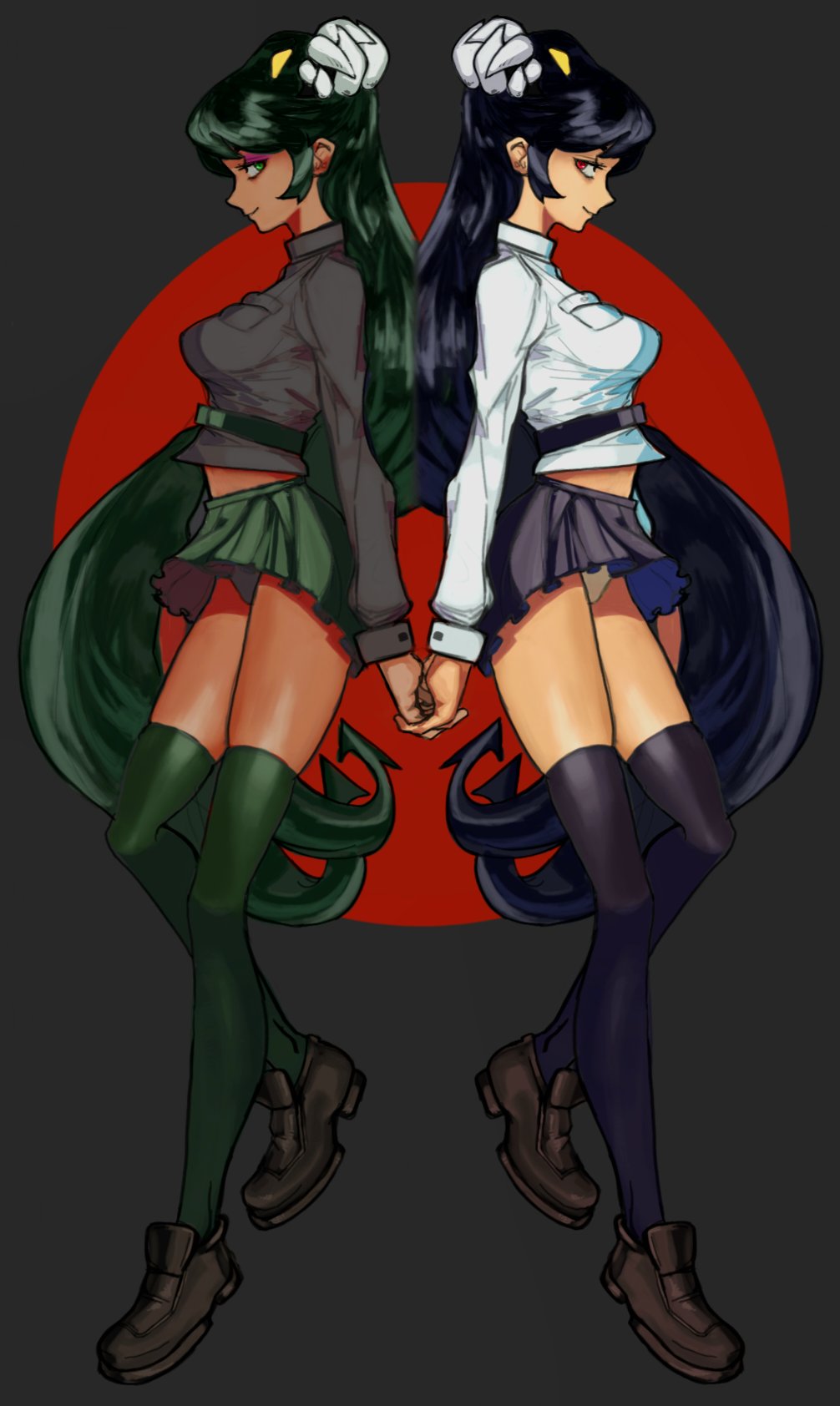 2girls back-to-back eyeshadow filia_(skullgirls) from_side fukua_(skullgirls) green_eyes green_hair grey_background highres holding_hands long_hair looking_at_another makeup multiple_girls necktie panties pleated_skirt red_background red_eyes samson_(skullgirls) school_uniform shamone_(skullgirls) skirt skullgirls smile thighhighs underwear upskirt yos_(@nnsee_d)