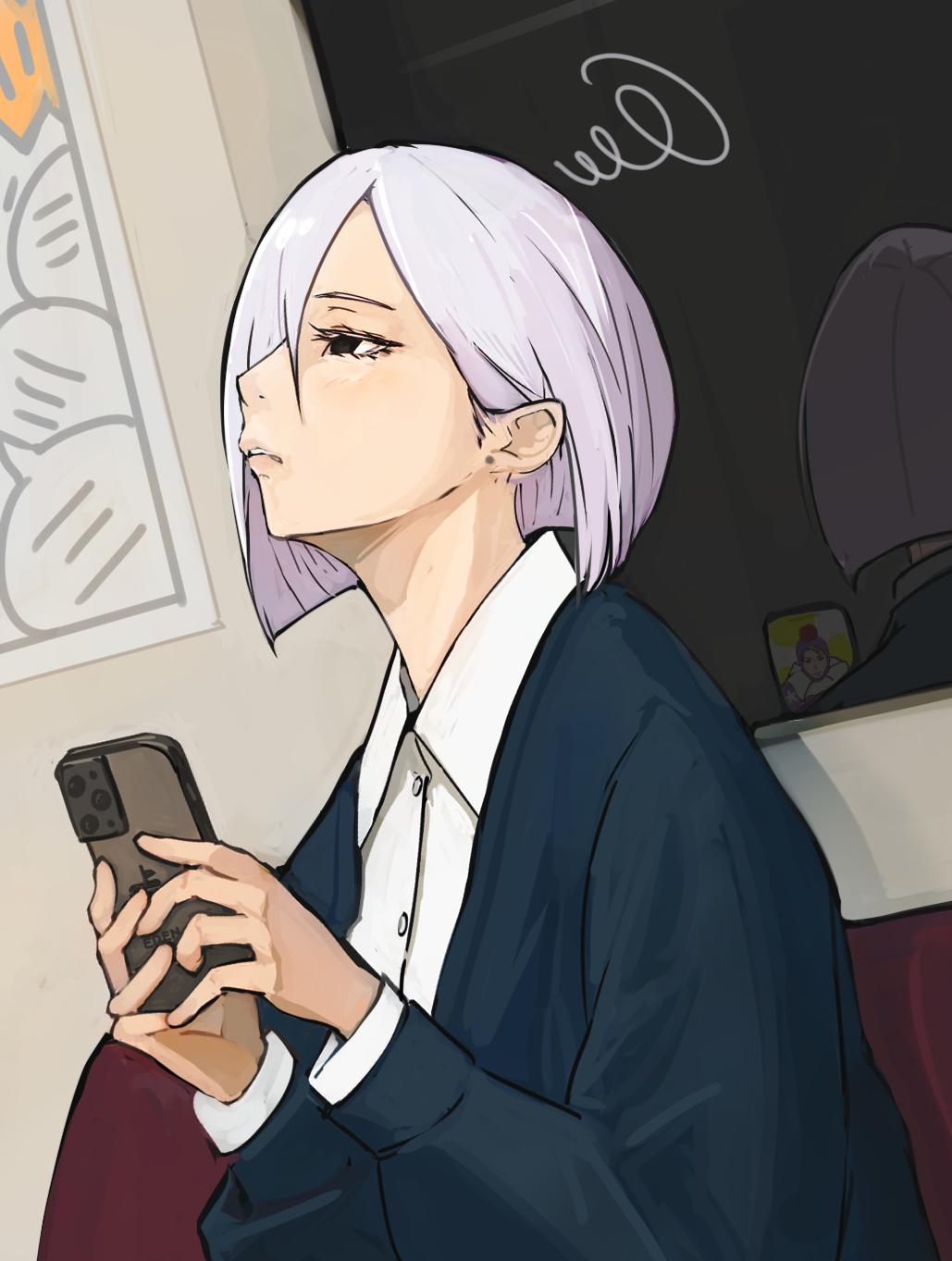 1girl anachronism black_eyes black_jacket blunt_ends cellphone commentary_request couch dutch_angle fiona_frost frown hair_over_one_eye higemu highres holding holding_phone jacket looking_up medium_hair phone poster_(object) shirt smartphone solo spy_x_family squiggle upper_body white_hair white_shirt