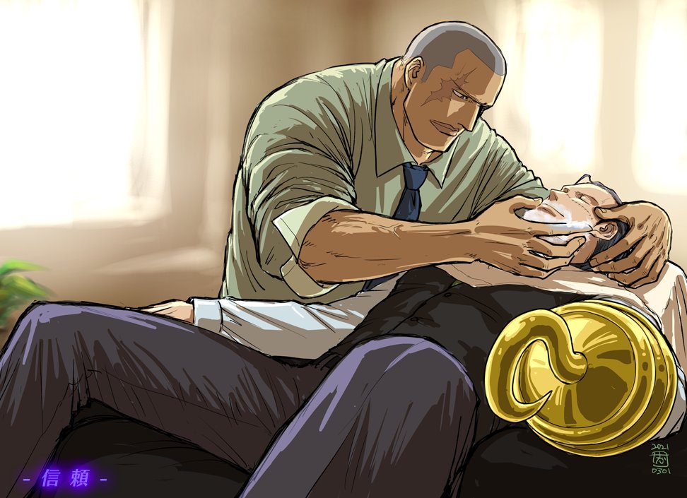 2boys ascot barber black_hair buzz_cut cigar closed_eyes collared_shirt crocodile_(one_piece) dark-skinned_male dark_skin daz_bones devil_fruit_power feet_out_of_frame hair_slicked_back hook_hand kokorozashi lying male_focus mature_male multiple_boys on_back one_piece scar scar_across_eye scar_on_face scar_on_nose shaving shaving_another shaving_beard shirt short_hair sleeves_rolled_up smoking spread_legs stitches very_short_hair