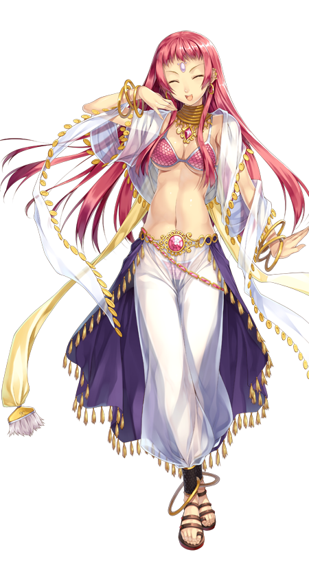 1girl artist_request bangle bikini bracelet breasts cleavage closed_eyes coin_(ornament) dancer dancer_(ragnarok_online) forehead_jewel full_body gold hand_up harem_pants jewelry large_variant_set long_hair medium_breasts navel neck_ring official_art open_mouth pants pink_bikini pink_gemstone pink_hair purple_skirt ragnarok:_guild_masters ragnarok_online red_sandals sandals see-through_clothes see-through_pants sequins shawl short_bangs showgirl_skirt simple_background skirt smile solo standing swimsuit transparent_background variant_set white_pants