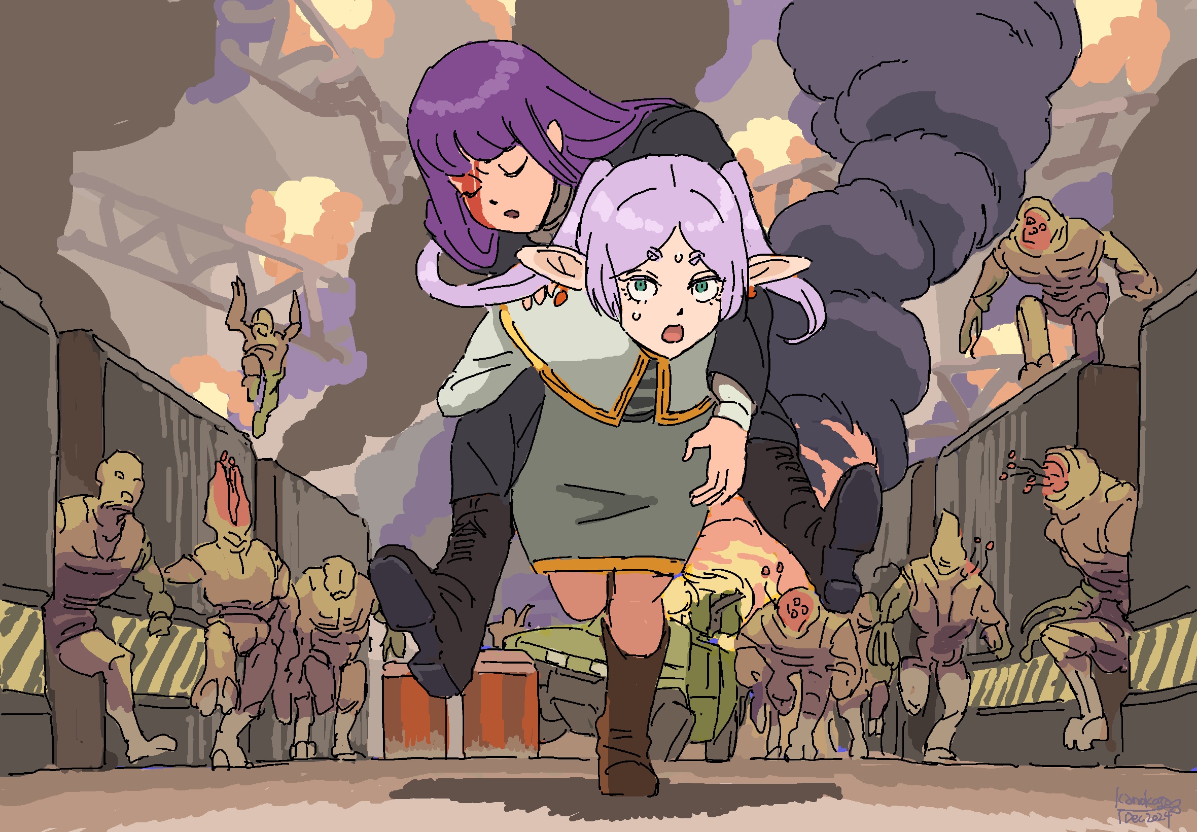 2girls blood blood_on_face carrying closed_eyes fern_(sousou_no_frieren) flood_combat_form frieren hair_behind_ear halo:_combat_evolved halo_(series) highres kanokoga long_hair long_pointy_ears multiple_girls open_mouth piggyback pointy_ears purple_hair running shadow smoke sousou_no_frieren sweatdrop v-shaped_eyebrows warthog_(halo)