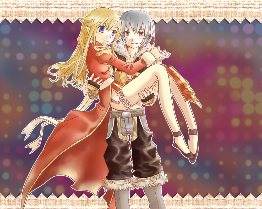 1boy 1girl 2000s_(style) back_bow black_gloves black_pants black_shirt black_shoes blonde_hair blue_eyes bow brown_gloves brown_shirt carrying closed_mouth commentary_request crop_top dress feet_out_of_frame fingerless_gloves frilled_thighhighs frills full_body fur-trimmed_shirt fur_trim garter_straps gloves grey_hair grey_pants high_priest_(ragnarok_online) juliet_sleeves long_hair long_sleeves looking_at_viewer pants pants_under_shorts princess_carry puffy_sleeves purple_background ragnarok_online red_dress red_eyes sash shirt shoes sleeveless sleeveless_shirt smile sniper_(ragnarok_online) thighhighs two-tone_gloves two-tone_shirt white_bow white_sash white_thighhighs yuina_(yuina_h)