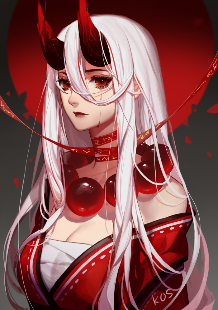 bare_shoulders bead_necklace beads blood blood_moon_diana bloody_tears breasts chest_sarashi cleavage demon_horns diana_(league_of_legends) gradient_background grey_background horns japanese_clothes jewelry kimono large_breasts league_of_legends long_eyelashes looking_at_viewer moon necklace off_shoulder oni_girl pale_skin prayer_beads red_eyes red_kimono red_lips red_moon sarashi songjikyo white_hair