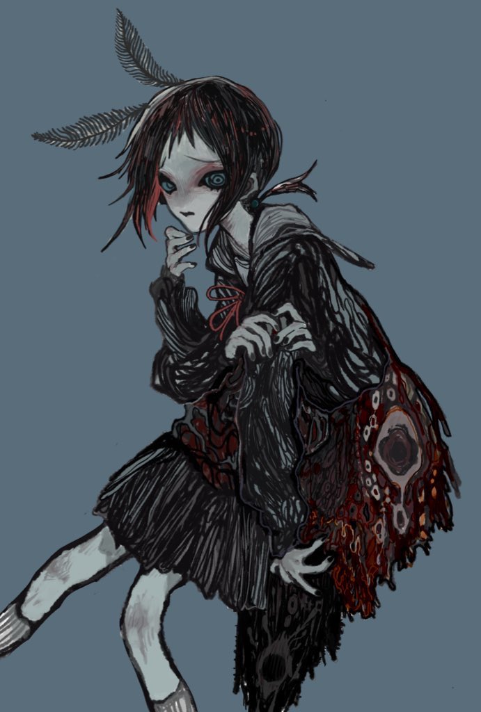 1girl arm_at_side arthropod_girl black_hair black_nails blue_background blue_eyes blue_sclera colored_sclera colored_skin commentary_request extra_arms feet_out_of_frame from_side frown furrowed_brow grey_skin hand_to_own_mouth hand_up insect_girl insect_wings kaga_ai kneehighs long_hair long_sleeves looking_at_viewer looking_to_the_side low_ponytail monsterification moth_antennae moth_girl moth_wings multicolored_hair namekuji_(kagaai_love) neck_ribbon nervous own_hands_together ponytail red_hair red_ribbon ribbed_socks ribbon ringed_eyes sayonara_zetsubou_sensei school_uniform serafuku short_ponytail sidelocks simple_background skirt socks solo streaked_hair wings